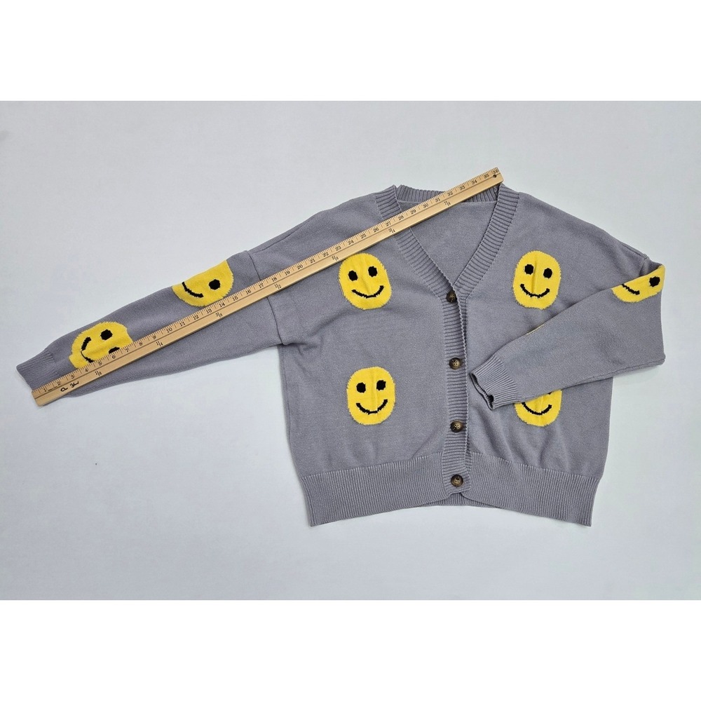 Smiley Face Graphic Knit Cardigan Grey Yellow XL HY052-XYT-07 - Picture 11 of 12